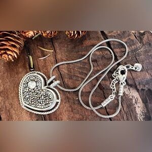 Brighton Amulet Heart Necklace Marcasite Talisman Fine Silver .999 Plated CZ